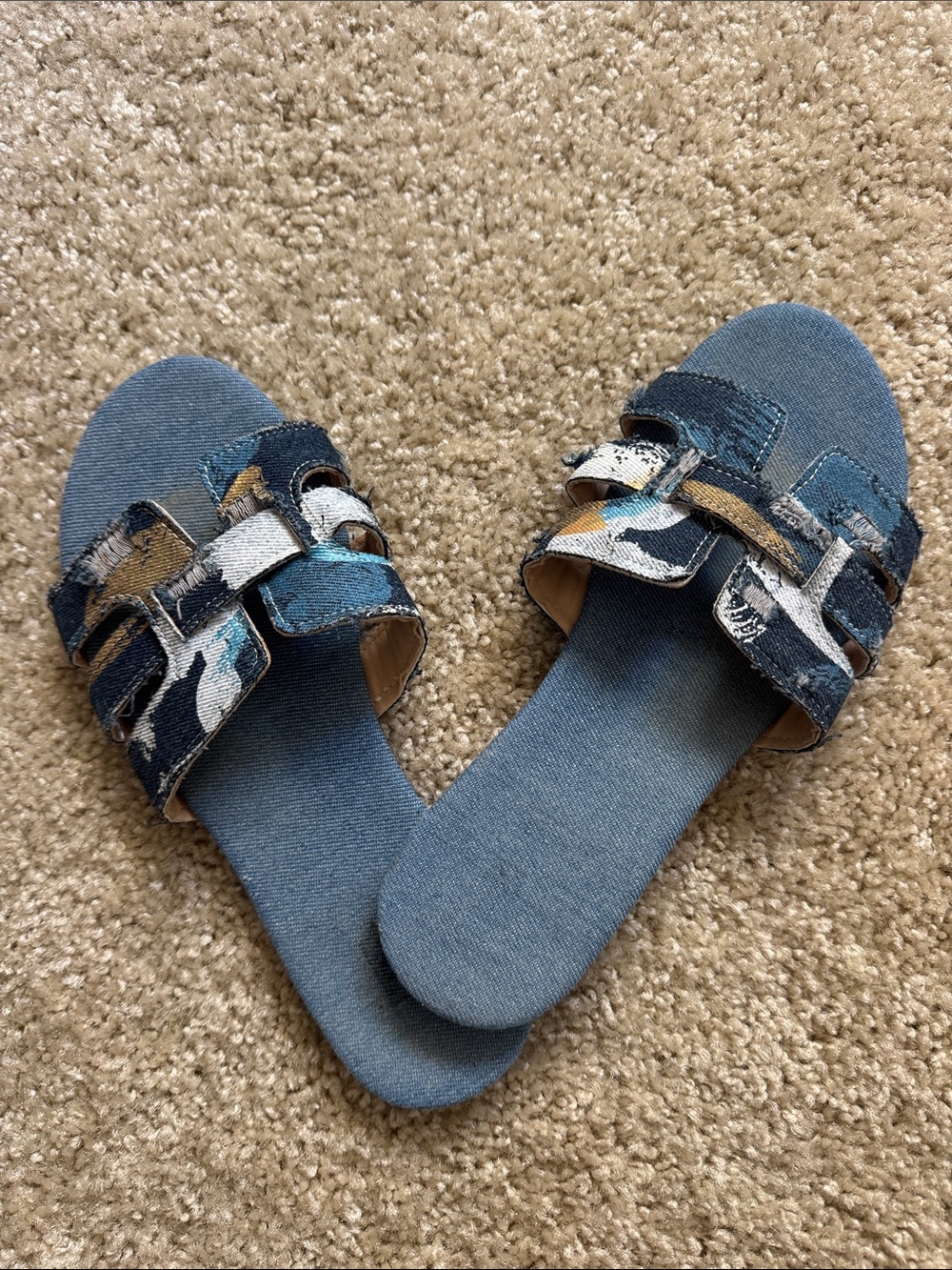 Target Blue Denim Slide Sandals with Multicolor Patterned Straps